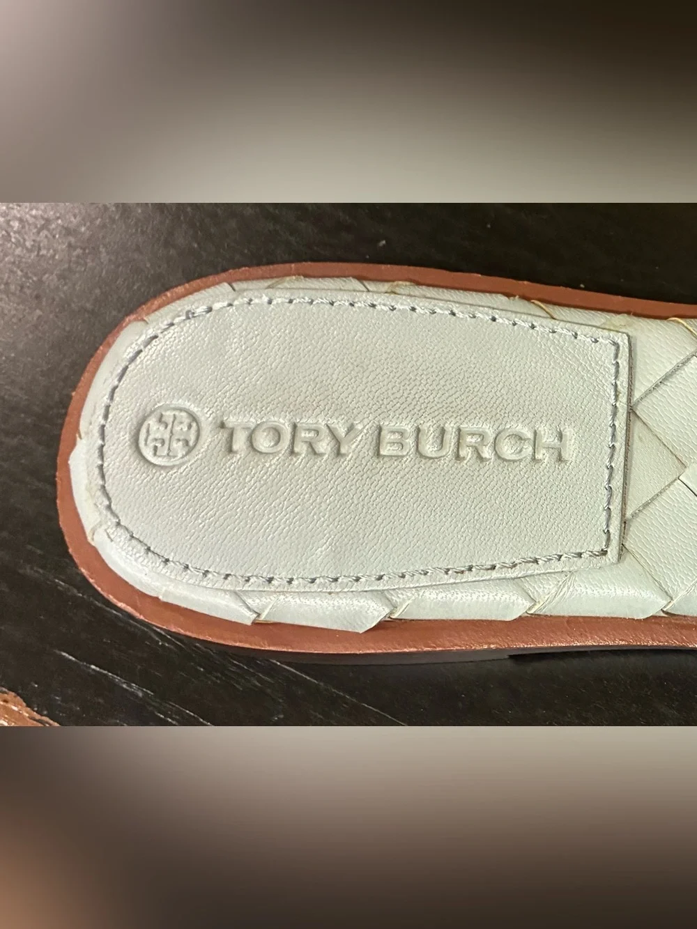 Tory Burch Sandals Slides double T Woven Leather Footbed Blue Gold Sz 6 NWOB